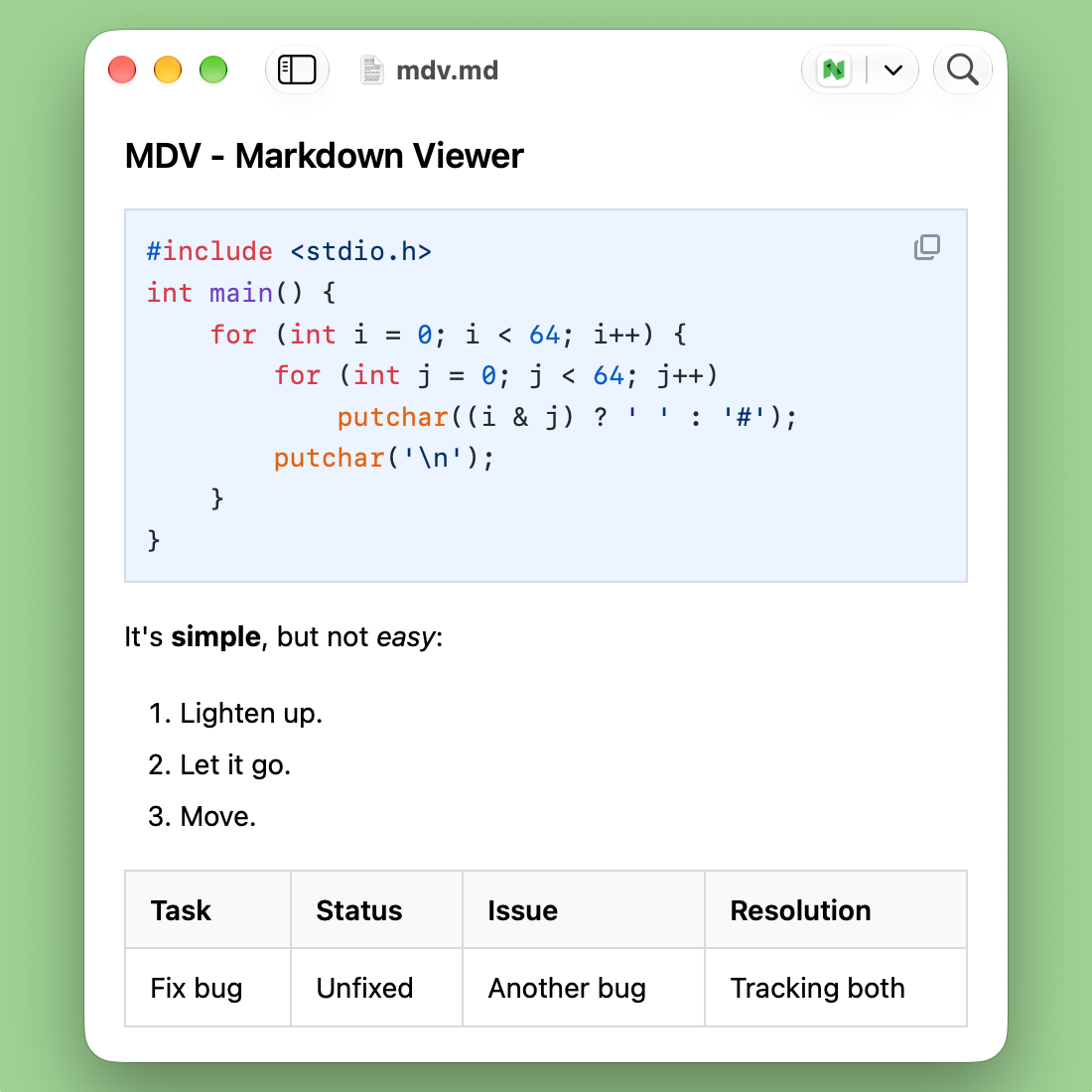 MDV window showing rendered Markdown with code, a list, and a table